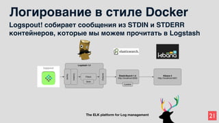21
Логирование в стиле Docker
Logspout! собирает сообщения из STDIN и STDERR
контейнеров, которые мы можем прочитать в Logstash
 