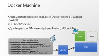 Docker Machine
 Автоматизированное создание Docker хостов и Docker
Swarm
 ОС boot2docker
 Драйверы для VMware vSphere, Fusion, vCloud Air
Docker Machine
docker-machine create -d vmwarevsphere 
--vmwarevsphere-vcenter="vcenter.company.local" 
--vmwarevsphere-username="administrator@vsphere.local" 
--vmwarevsphere-password="VMware1!" 
--vmwarevsphere-datacenter="DC" 
--vmwarevsphere-datastore="datastore" 
--vmwarevsphere-network="VM Network" docker-host01
vCenter
ESXi
Хост Хост
 