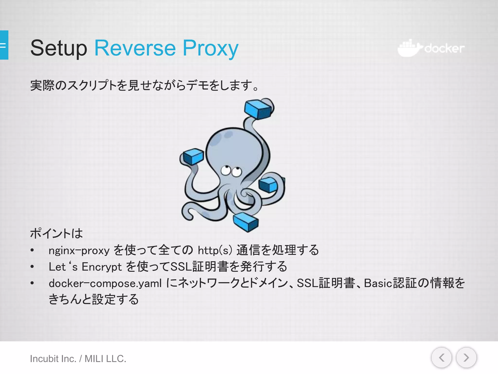 Setup Reverse Proxy
実際のスクリプトを見せながらデモをします。
ポイントは
• nginx-proxy を使って全ての http(s) 通信を処理する
• Let‘s Encrypt を使ってSSL証明書を発行する
• docker-compose.yaml にネットワークとドメイン、SSL証明書、Basic認証の情報を
きちんと設定する
Incubit Inc. / MILI LLC.
 