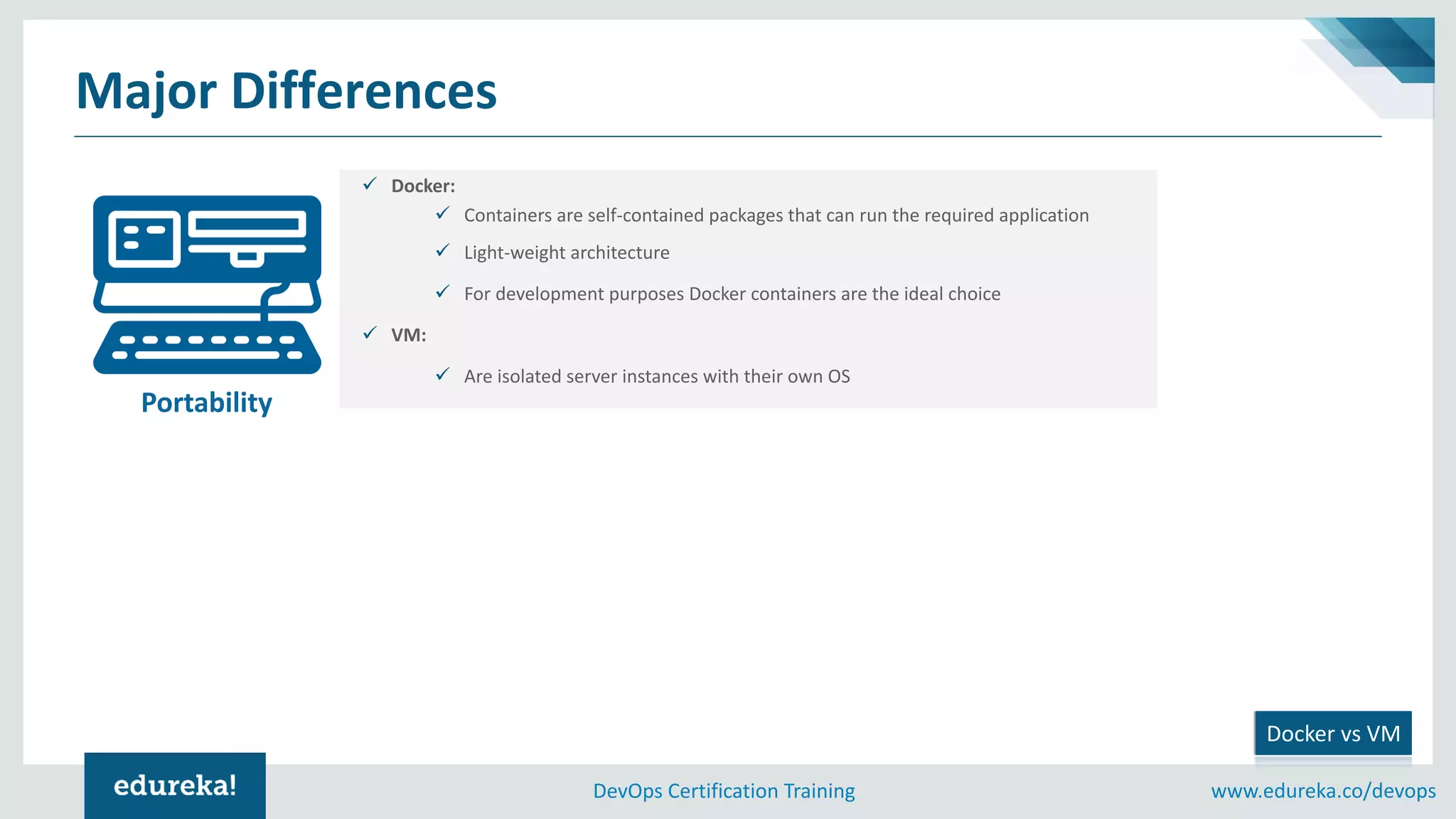 www.edureka.co/devopsDevOps Certification Training
Major Differences
Docker vs VM
✓ Docker:
✓ Containers are self-contained packages that can run the required application
✓ Light-weight architecture
✓ For development purposes Docker containers are the ideal choice
✓ VM:
✓ Are isolated server instances with their own OS
Portability
 