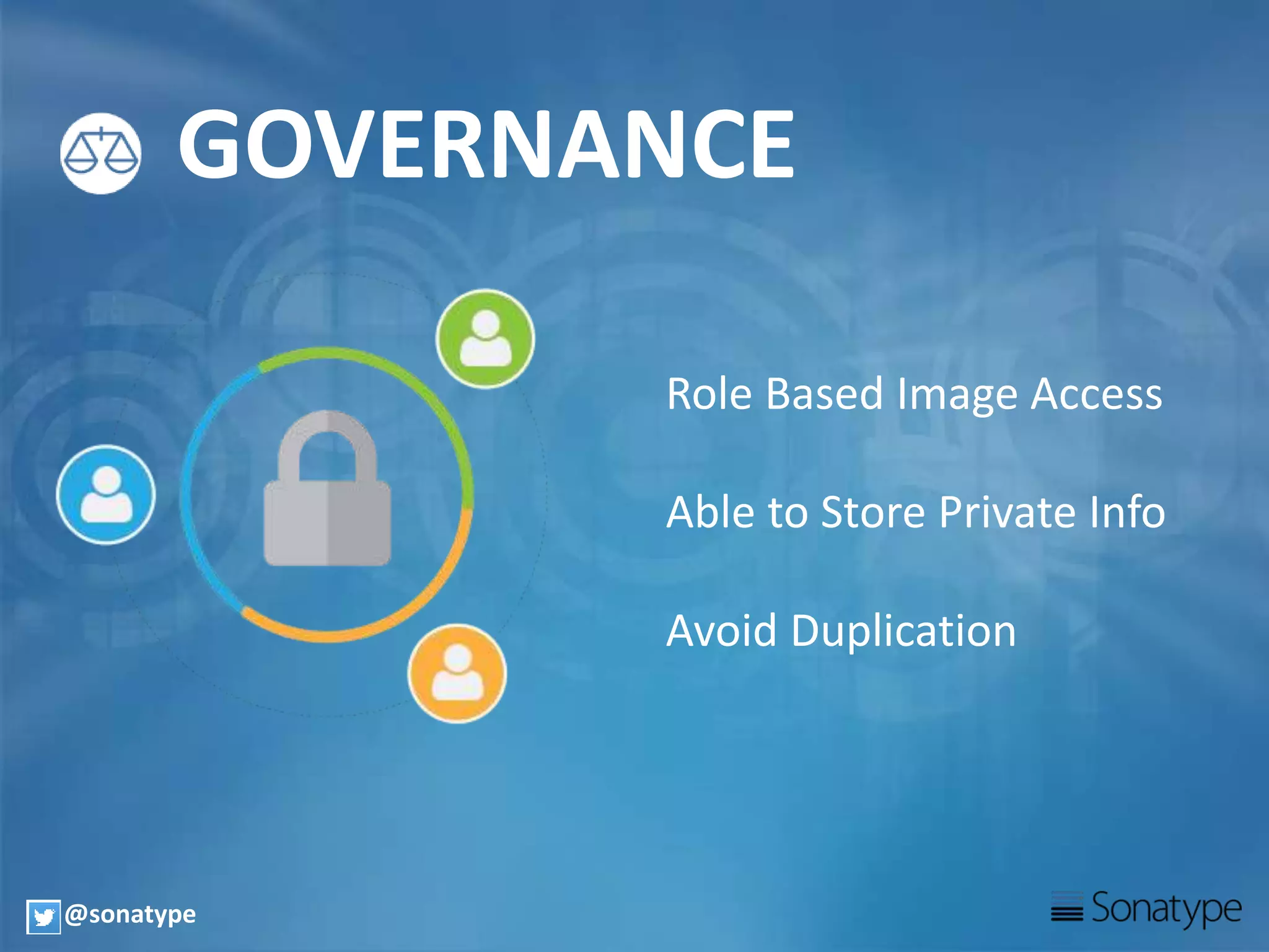 GOVERNANCE
Role Based Image Access
Able to Store Private Info
Avoid Duplication
@sonatype
 