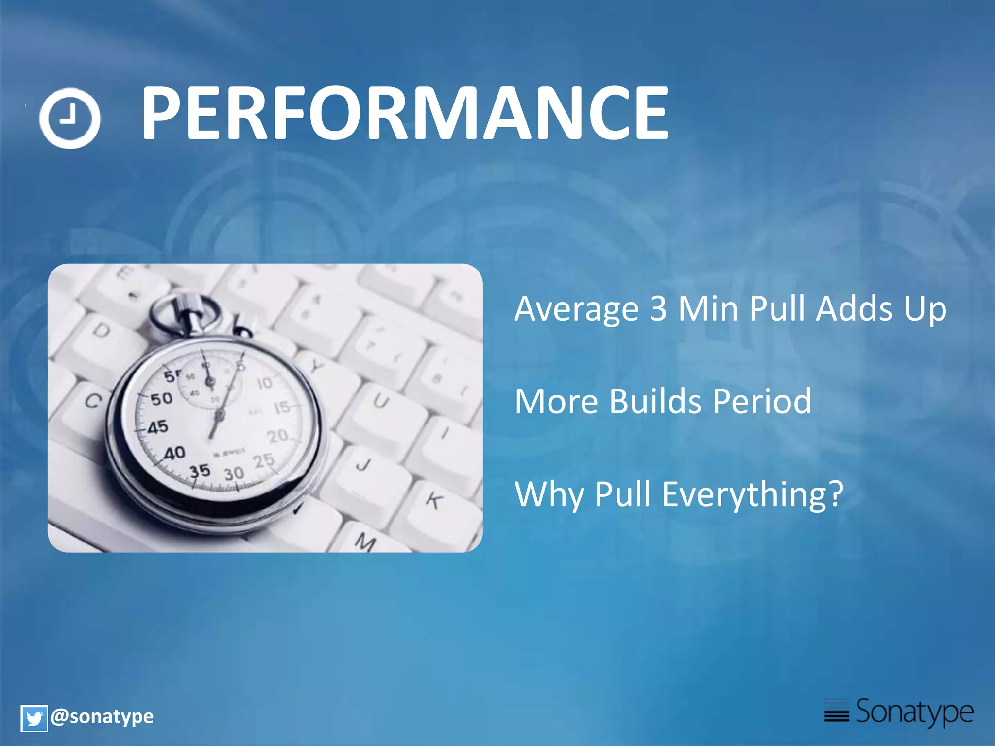 PERFORMANCE
Average 3 Min Pull Adds Up
More Builds Period
Why Pull Everything?
@sonatype
 