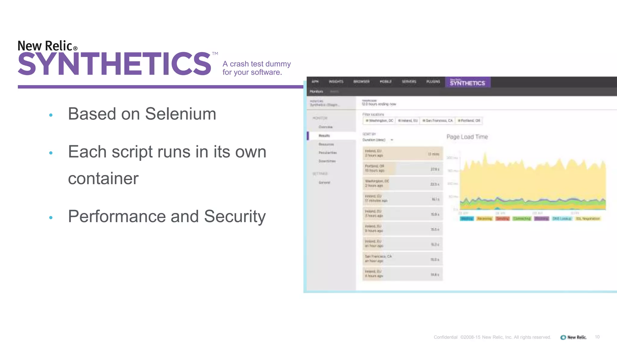 10Confidential ©2008-15 New Relic, Inc. All rights reserved.
• Based on Selenium
• Each script runs in its own
container
• Performance and Security
A crash test dummy
for your software.
 