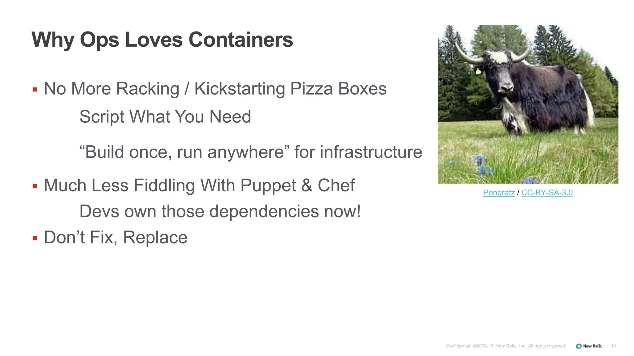 14
Why Ops Loves Containers
 No More Racking / Kickstarting Pizza Boxes
Script What You Need
“Build once, run anywhere” for infrastructure
 Much Less Fiddling With Puppet & Chef
Devs own those dependencies now!
 Don’t Fix, Replace
Confidential ©2008-15 New Relic, Inc. All rights reserved.
Pongratz / CC-BY-SA-3.0
 