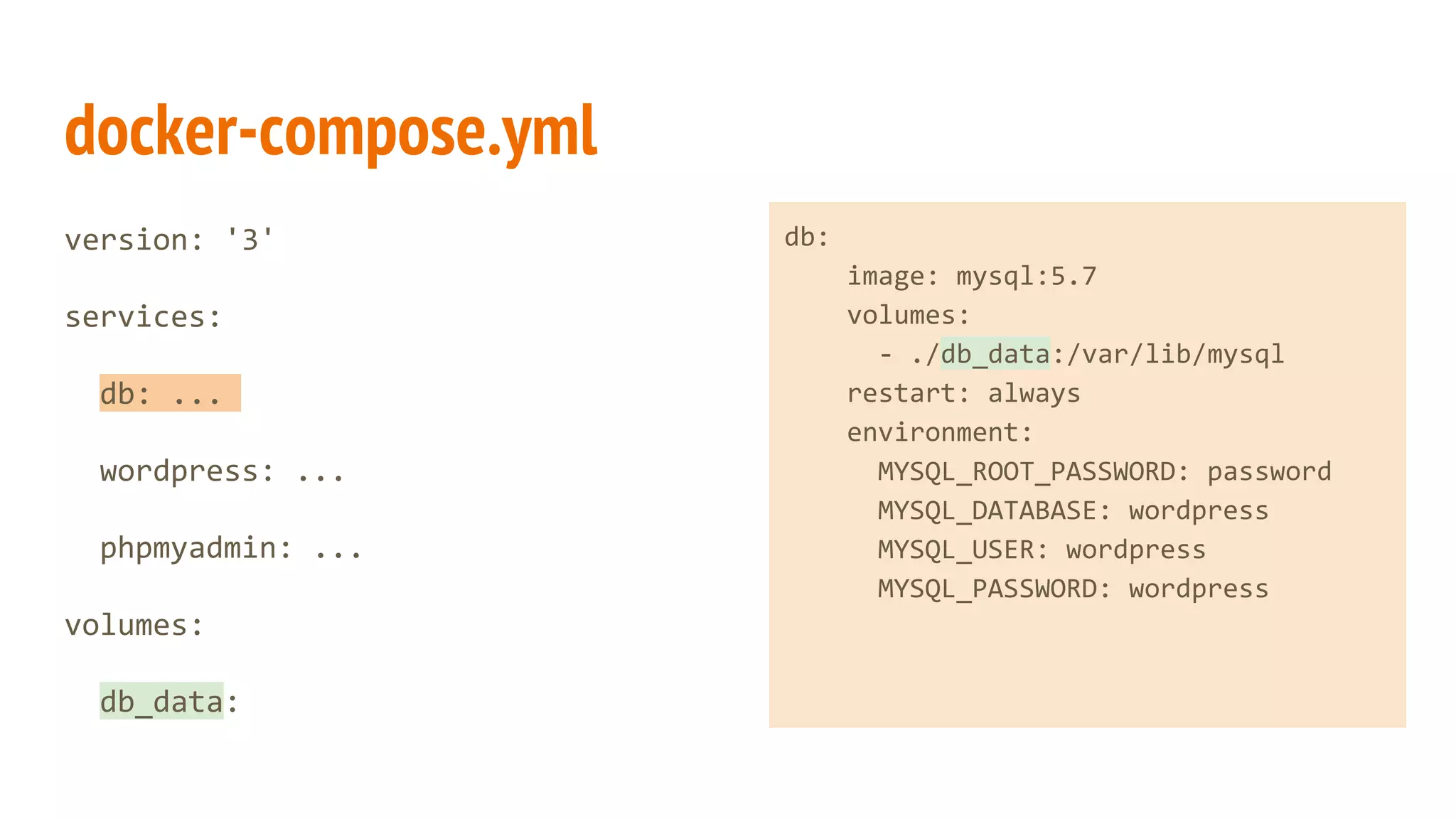 docker-compose.yml
version: '3'
services:
db: ...
wordpress: ...
phpmyadmin: ...
volumes:
db_data:
wordpress:
depends_on:
- db
image: wordpress:latest
volumes:
- ./:/var/www/html
ports:
- "8000:80"
environment:
WORDPRESS_DB_HOST: db:3306
WORDPRESS_DB_USER: wordpress
WORDPRESS_DB_PASSWORD: wordpress
 