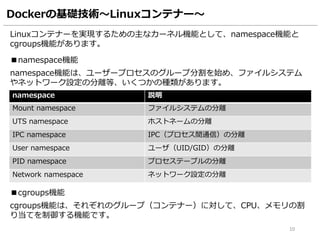 Dockerの基礎技術～Linuxコンテナー～
■namespace機能
namespace 説明
Mount namespace ファイルシステムの分離
UTS namespace ホストネームの分離
IPC namespace IPC（プロセス間通信）の分離
User namespace ユーザ（UID/GID）の分離
PID namespace プロセステーブルの分離
Network namespace ネットワーク設定の分離
namespace機能は、ユーザープロセスのグループ分割を始め、ファイルシステム
やネットワーク設定の分離等、いくつかの種類があります。
■cgroups機能
cgroups機能は、それぞれのグループ（コンテナー）に対して、CPU、メモリの割
り当てを制御する機能です。
10
Linuxコンテナーを実現するための主なカーネル機能として、namespace機能と
cgroups機能があります。
 