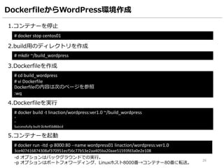 DockerfileからWordPress環境作成
1.コンテナーを停止
# docker stop centos01
2.build用のディレクトリを作成
3.Dockerfileを作成
# cd build_wordpress
# vi Dockerfile
Dockerfileの内容は次のページを参照
:wq
# mkdir ~/build_wordpress
4.Dockerfileを実行
# docker build -t linaction/wordpress:ver1.0 ~/build_wordpress
・
・
Successfully built 0c4e45b86bcd
5.コンテナーを起動
# docker run -itd -p 8000:80 --name wordpress01 linaction/wordpress:ver1.0
3ce407416874308af370951ecf56c77b53e2aa405ba20aae51593fd3a0e2e108
-d オプションはバックグラウンドでの実行。
-p オプションはポートフォワーディング、Linuxホスト8000番→コンテナー80番に転送。
26
 