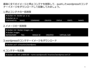 最後に全てのイメージと停止コンテナを削除して、pushしたwordpressのコンテ
ナーイメージをダウンロードして起動してみましょう。
# docker rm `docker ps -a -q`
# docker ps -a
CONTAINER ID IMAGE COMMAND CREATED STATUS PORTS NAMES
1.停止コンテナの一括削除
# docker rmi `docker images -aq`
# docker images
REPOSITORY TAG IMAGE ID CREATED VIRTUAL SIZE
2.イメージの一括削除
# docker pull -a linaction/wordpress
3.wordpressのコンテナーイメージをダウンロード
4.コンテナーを起動
# docker run -itd -p 8000:80 --name wordpress01 linaction/wordpress:ver1.0
31
 