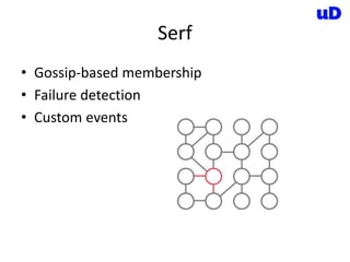 Serf
• Gossip-based membership
• Failure detection
• Custom events
 
