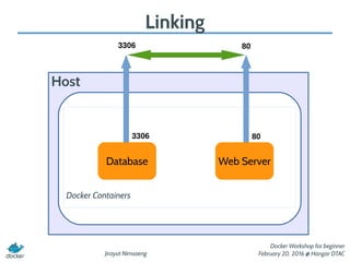 Jirayut Nimsaeng
Docker Workshop for beginner
February 20, 2016 @ Hangar DTAC
Linking
Host
Web Server
80
80
Docker Containers
Database
3306
3306
 