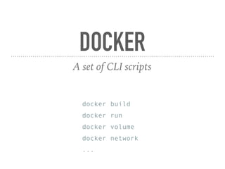 DOCKER
A set of CLI scripts
docker build
docker run
docker volume
docker network
...