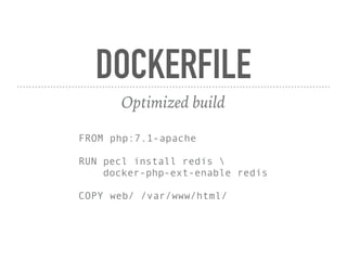 DOCKERFILE
Optimized build
FROM php:7.1-apache
RUN pecl install redis 
docker-php-ext-enable redis
COPY web/ /var/www/html/
 