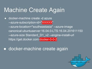 Machine Create Again
● docker-machine create -d azure
--azure-subscription-id="XXXXX"
--azure-location="southeastasia" --azure-image
canonical:ubuntuserver:16.04.0-LTS:16.04.201611150
--azure-size Standard_D1_v2 --engine-install-url
https://get.docker.com docker-0-0-2
● docker-machine create again
 