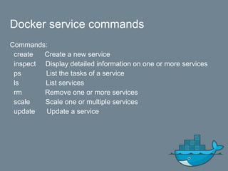Docker service commands
Commands:
create Create a new service
inspect Display detailed information on one or more services
ps List the tasks of a service
ls List services
rm Remove one or more services
scale Scale one or multiple services
update Update a service
 