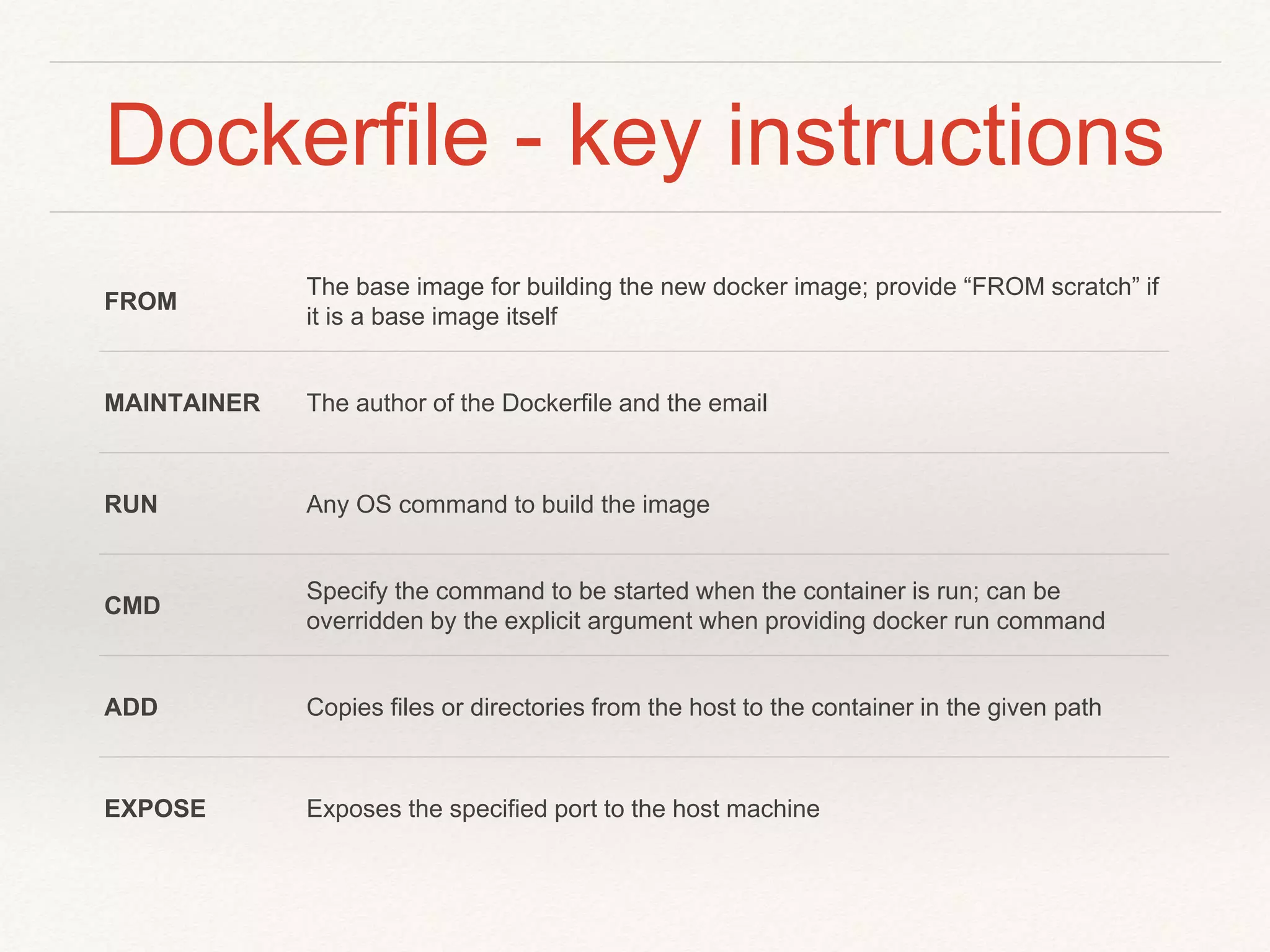 Dockerfile - key instructions
FROM
The base image for building the new docker image; provide “FROM scratch” if
it is a base image itself
MAINTAINER The author of the Dockerfile and the email
RUN Any OS command to build the image
CMD
Specify the command to be started when the container is run; can be
overridden by the explicit argument when providing docker run command
ADD Copies files or directories from the host to the container in the given path
EXPOSE Exposes the specified port to the host machine
 