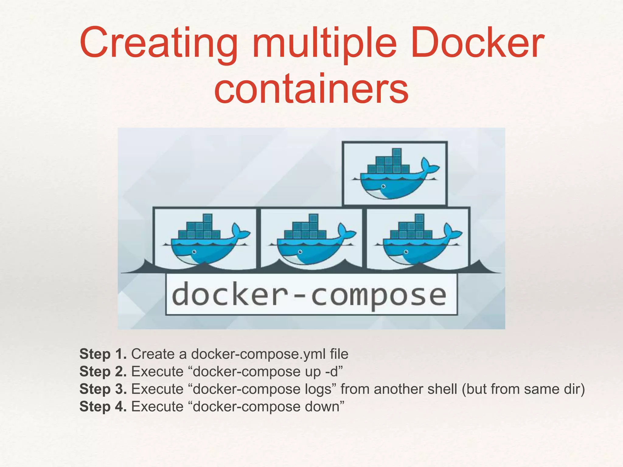 Creating multiple Docker
containers
Step 1. Create a docker-compose.yml file
Step 2. Execute “docker-compose up -d”
Step 3. Execute “docker-compose logs” from another shell (but from same dir)
Step 4. Execute “docker-compose down”
 