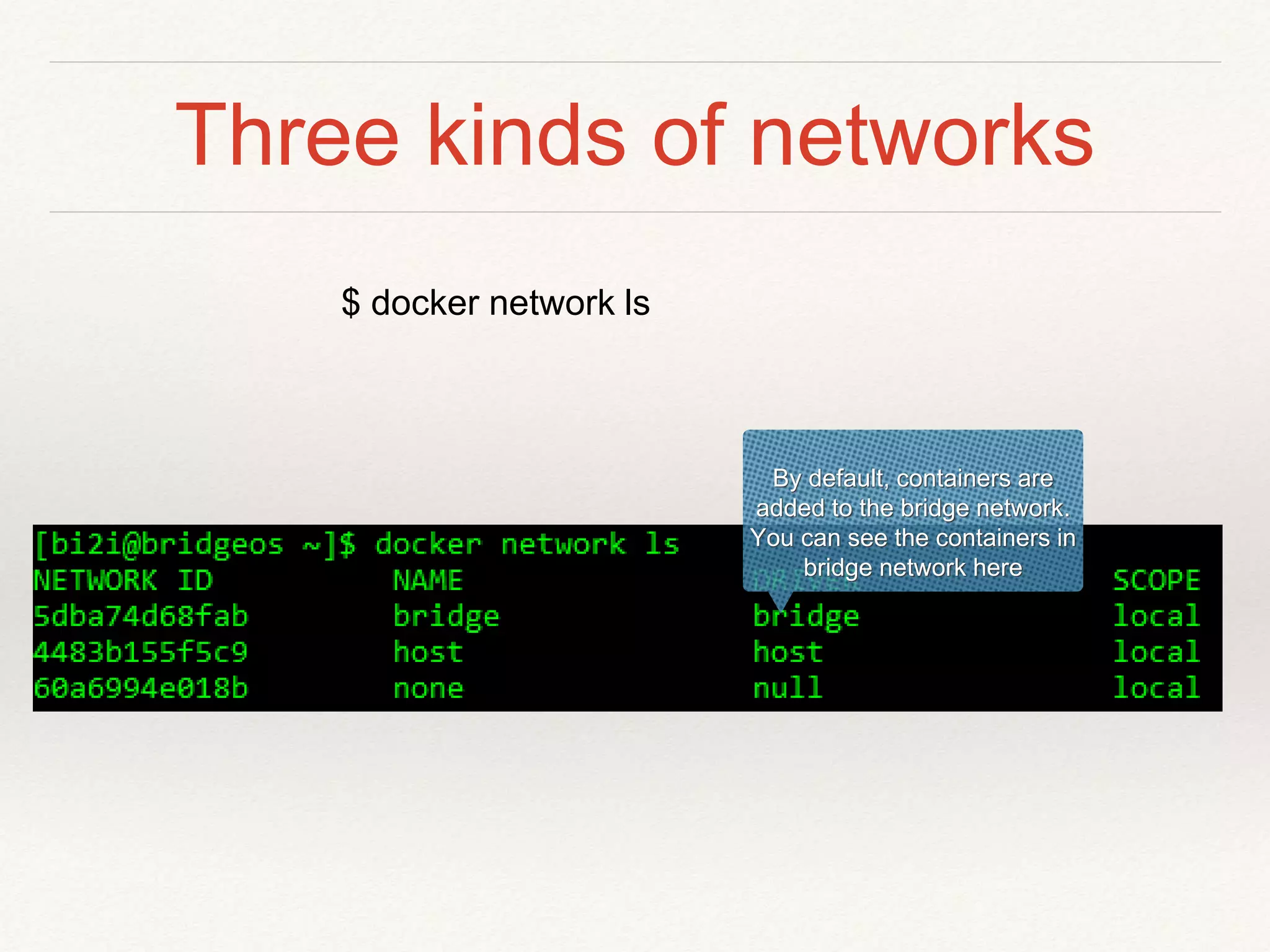 Three kinds of networks
$ docker network ls
By default, containers are
added to the bridge network.
You can see the containers in
bridge network here
 