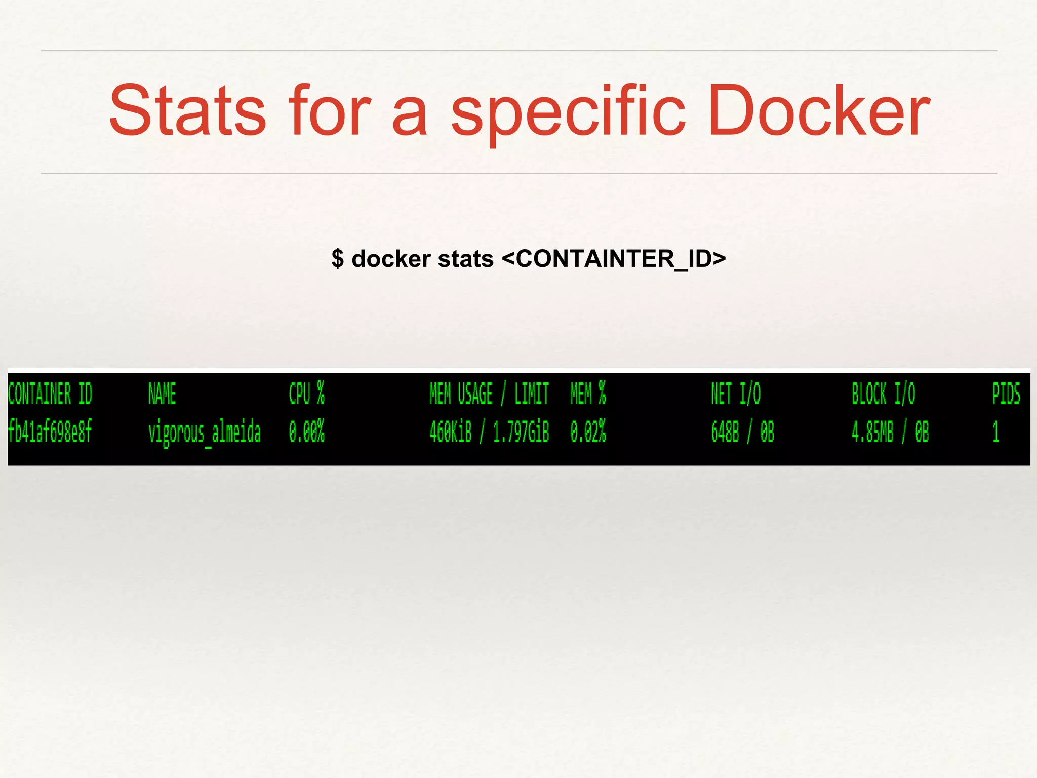 Stats for a specific Docker
$ docker stats <CONTAINTER_ID>
 