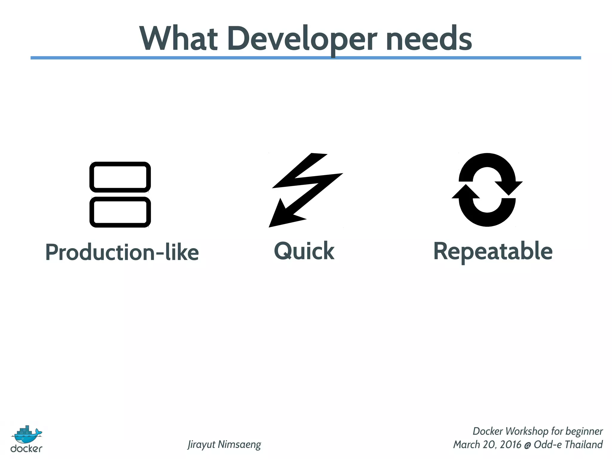 Jirayut Nimsaeng
Docker Workshop for beginner
March 20, 2016 @ Odd-e Thailand
What Developer needs
Production-like Quick Repeatable
 