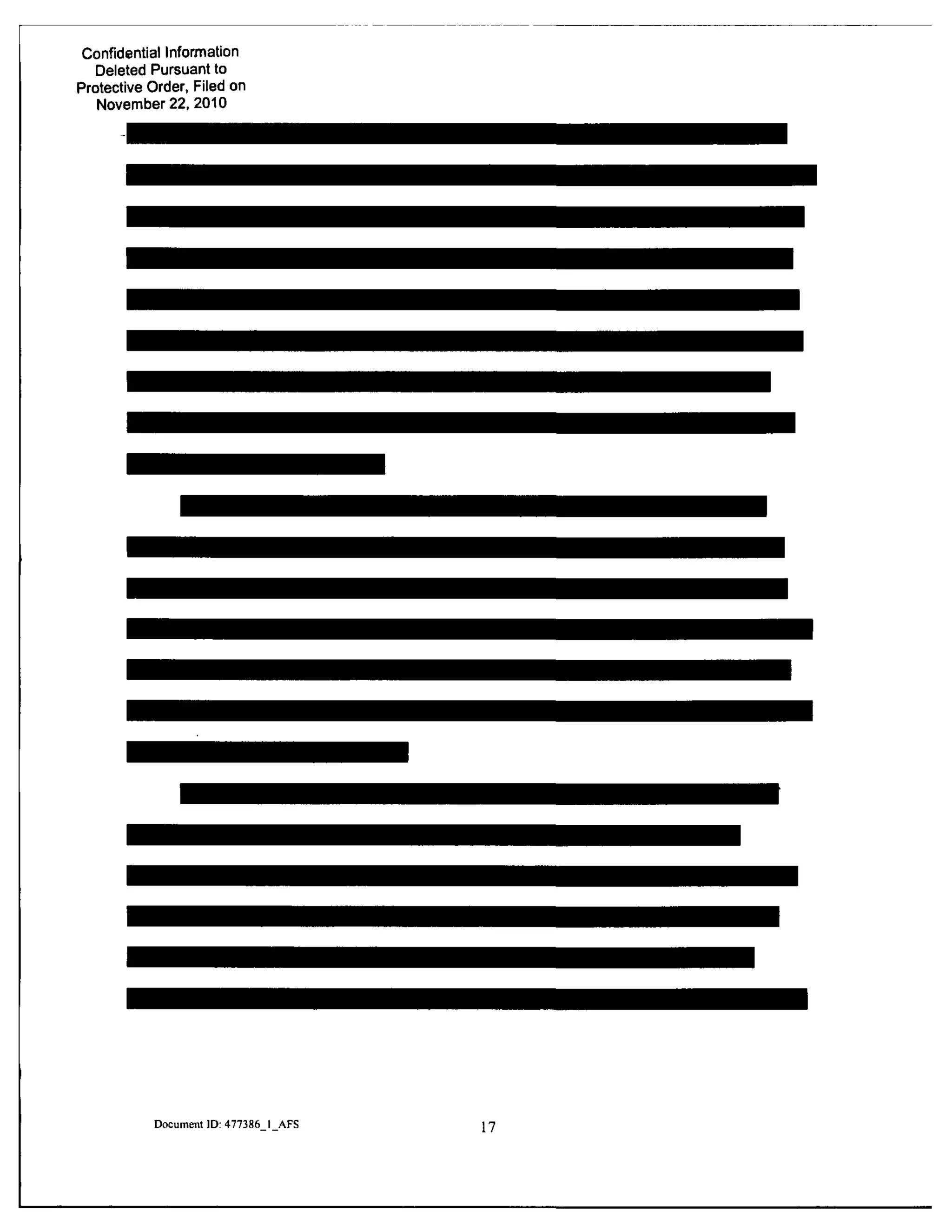 Confidential Information
Deleted Pursuant to
Protective Order, Filed on
November 22, 2010
Document ID: 477386 I AFS 17
 