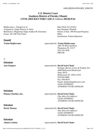 CM/ECF - Live Database - flsd                                                                                    04/01/2012 13:04



                                                                                          AMS,MEDIATION,REF_DISCOV

                                              U.S. District Court
                                      Southern District of Florida (Miami)
                                CIVIL DOCKET FOR CASE #: 1:11-cv-20120-PAS


 Bujduveanu v. Ginspert et al                                                      Date Filed: 01/12/2011
 Assigned to: Judge Patricia A. Seitz                                              Jury Demand: Plaintiff
 Referred to: Magistrate Judge Andrea M. Simonton                                  Nature of Suit: 380 Personal Property:
 Cause: 28:1346 Tort Claim                                                         Other
                                                                                   Jurisdiction: Federal Question
 Plaintiff
 Traian Bujduveanu                                                   represented by Traian Bujduveanu
                                                                                    5601 W Broward Blvd.
                                                                                    Plantation, FL 33317
                                                                                    954-316-3828
                                                                                    PRO SE


 V.
 Defendant
 Ana Ginspert                                                        represented by David Scott Chaiet
                                                                                    Eisinger, Brown, Lewis & Frankel, PA
                                                                                    4000 Hollywood Boulevard
                                                                                    Suite 265-S
                                                                                    Hollywood, FL 33021-6755
                                                                                    954-894-8000
                                                                                    Fax: 894-8015
                                                                                    Email: dchaiet@peplawyers.com
                                                                                    LEAD ATTORNEY
                                                                                    ATTORNEY TO BE NOTICED
 Defendant
 Dismas Charities, Inc.                                              represented by David Scott Chaiet
                                                                                    (See above for address)
                                                                                    LEAD ATTORNEY
                                                                                    ATTORNEY TO BE NOTICED

 Defendant
 Derek Thomas                                                        represented by David Scott Chaiet
                                                                                    (See above for address)
                                                                                    LEAD ATTORNEY
                                                                                    ATTORNEY TO BE NOTICED

 Defendant
 Adams Leshota                                                       represented by David Scott Chaiet

https://ecf.flsd.uscourts.gov/cgi-bin/DktRpt.pl?342191171478991-L_1_0-1                                                Page 1 of 8
 
