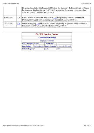 CM/ECF - Live Database - flsd                                                                           27/03/2013 19:06



                                Defendant's Affidavit in Support of Motion for Summary Judgment filed by Traian
                                Bujduveanu. Replies due by 12/10/2012. (tp) (Main Document 128 replaced on
                                12/7/2012) (ail). (Entered: 11/28/2012)

  12/07/2012             129 Clerks Notice of Docket Correction re 128 Response to Motion,. Correction
                             Document replaced with complete copy. (ail) (Entered: 12/07/2012)
  03/27/2013             130 ORDER denying 110 Motion to Compel. Signed by Magistrate Judge Andrea M.
                             Simonton on 3/27/2013. (AMS) (Entered: 03/27/2013)



                                                       PACER Service Center
                                                            Transaction Receipt
                                                               03/27/2013 19:03:59
                                 PACER Login: tb3935                      Client Code:
                                 Description:        Docket Report Search Criteria: 1:11-cv-20120-AMS
                                 Billable Pages: 9                        Cost:          0.90




https://ecf.flsd.uscourts.gov/cgi-bin/DktRpt.pl?310253293831748-L_1_0-1                                     Page 12 of 12
 