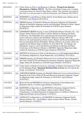 CM/ECF - Live Database - flsd                                                                          16/11/2012 19:08



  08/14/2012             117 Clerks Notice to Filer re 116 Response to Motion,. Wrong Event Selected -
                             Document is a Motion; ERROR - The Filer selected the wrong event. A motion
                             event must always be selected when filing a motion. The correction was made by
                             the Clerk. It is not necessary to refile this document. (ar2) (Entered: 08/15/2012)

  08/20/2012             118 RESPONSE to 116 Motion to Strike filed by Traian Bujduveanu. Replies due by
                             8/30/2012. (ar2) (Entered: 08/21/2012)
  09/28/2012             119 ORDER denying 72 Plaintiff's Motion for Summary Judgment; 83 Defendants'
                             Motion for Summary Judgment; and 93 116 Defendants' Motions to Strike. Signed
                             by Magistrate Judge Andrea M. Simonton on 9/28/2012.(par) (Entered:
                             09/28/2012)
  09/28/2012             120 ENDORSED ORDER denying as moot 79 Defendant Dismas Charities, Inc., Ana
                             Gispert, Derek Thomas and Adams Leshota's Motion for Hearing and Status
                             Conference. The Defendants have requested that the Court hold a hearing and
                             status conference related to the Defendants' Motion to Dismiss (DE # 26).
                             However, the undersigned has already issued a Report and Recommendation (DE #
                             94) recommending that the Defendants' Motion to Dismiss be granted, which was
                             adopted by the District Judge on March 16, 2012 (DE # 98). Accordingly, the
                             Defendants' request is moot and therefore the Motion for Hearing and Status
                             Conference on the Motion to Dismiss is DENIED. Signed by Magistrate Judge
                             Andrea M. Simonton on 9/28/2012.(par) (Entered: 09/28/2012)
  10/12/2012             121 MOTION for Extension of Time to File Response as to 103 Supplemental Motion
                             for Summary Judgment by Traian Bujduveanu. (ar2) (Entered: 10/12/2012)
  10/25/2012             122 ORDER Granting 121 Plaintiff's Motion for Leave to Extend Time to Respond to
                             the Court's Order for Second Motion for Summary Judgment. Signed by Magistrate
                             Judge Andrea M. Simonton on 10/25/2012.(par) (Entered: 10/25/2012)
  10/25/2012             123 Clerks Notice of Docket Correction re 122 Order on Motion for Extension of Time
                             to File Response/Reply. Document Restricted Due to Error See D.E 124 for the
                             Image. (ra) (Entered: 10/25/2012)
  10/25/2012             124 AMENDED ORDER Granting 121 Plaintiff's Motion for Leave to Extend Time to
                             Respond to the Court's Order for Second Motion for Summary Judgment. Signed
                             by Magistrate Judge Andrea M. Simonton on 10/25/2012. (par) (Entered:
                             10/25/2012)
  11/01/2012             125 Renewed Second MOTION for Summary Judgment by Traian Bujduveanu.
                             Responses due by 11/19/2012 (gp) (Entered: 11/02/2012)
  11/16/2012             126 RESPONSE in Opposition re 125 MOTION for Summary Judgment filed by
                             Dismas Charities, Inc., Ana Ginspert, Adams Leshota, Derek Thomas.
                             (Attachments: # 1 Exhibit Statement of disputed facts, # 2 Affidavit Affidavit in
                             Opposition)(Chaiet, David) (Entered: 11/16/2012)
  11/16/2012             127 AFFIDAVIT in Opposition re 125 MOTION for Summary Judgment filed by
                             Dismas Charities, Inc., Ana Ginspert, Adams Leshota, Derek Thomas. (Chaiet,
                             David) (Entered: 11/16/2012)




https://ecf.flsd.uscourts.gov/cgi-bin/DktRpt.pl?48600507840603-L_1_0-1                                     Page 11 of 12
 