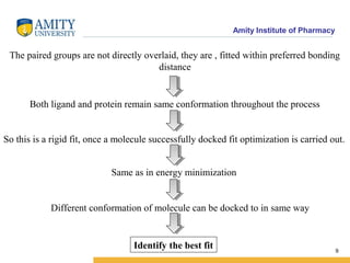 Amity Institute of Pharmacy
The paired groups are not directly overlaid, they are , fitted within preferred bonding
distance
9
Both ligand and protein remain same conformation throughout the process
So this is a rigid fit, once a molecule successfully docked fit optimization is carried out.
Same as in energy minimization
Different conformation of molecule can be docked to in same way
Identify the best fit
 