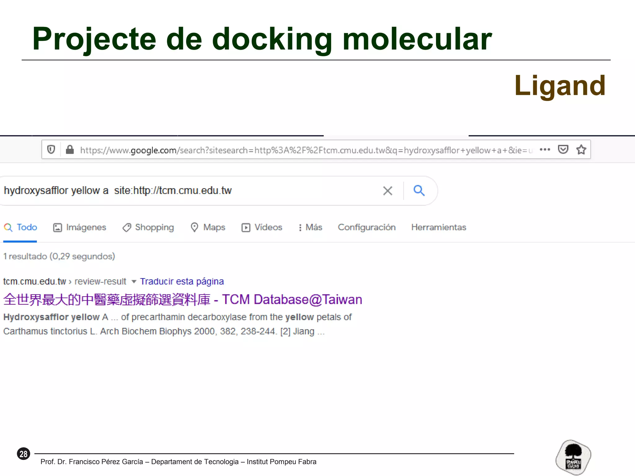 28
Prof. Dr. Francisco Pérez García – Departament de Tecnologia – Institut Pompeu Fabra
Projecte de docking molecular
Ligand
 