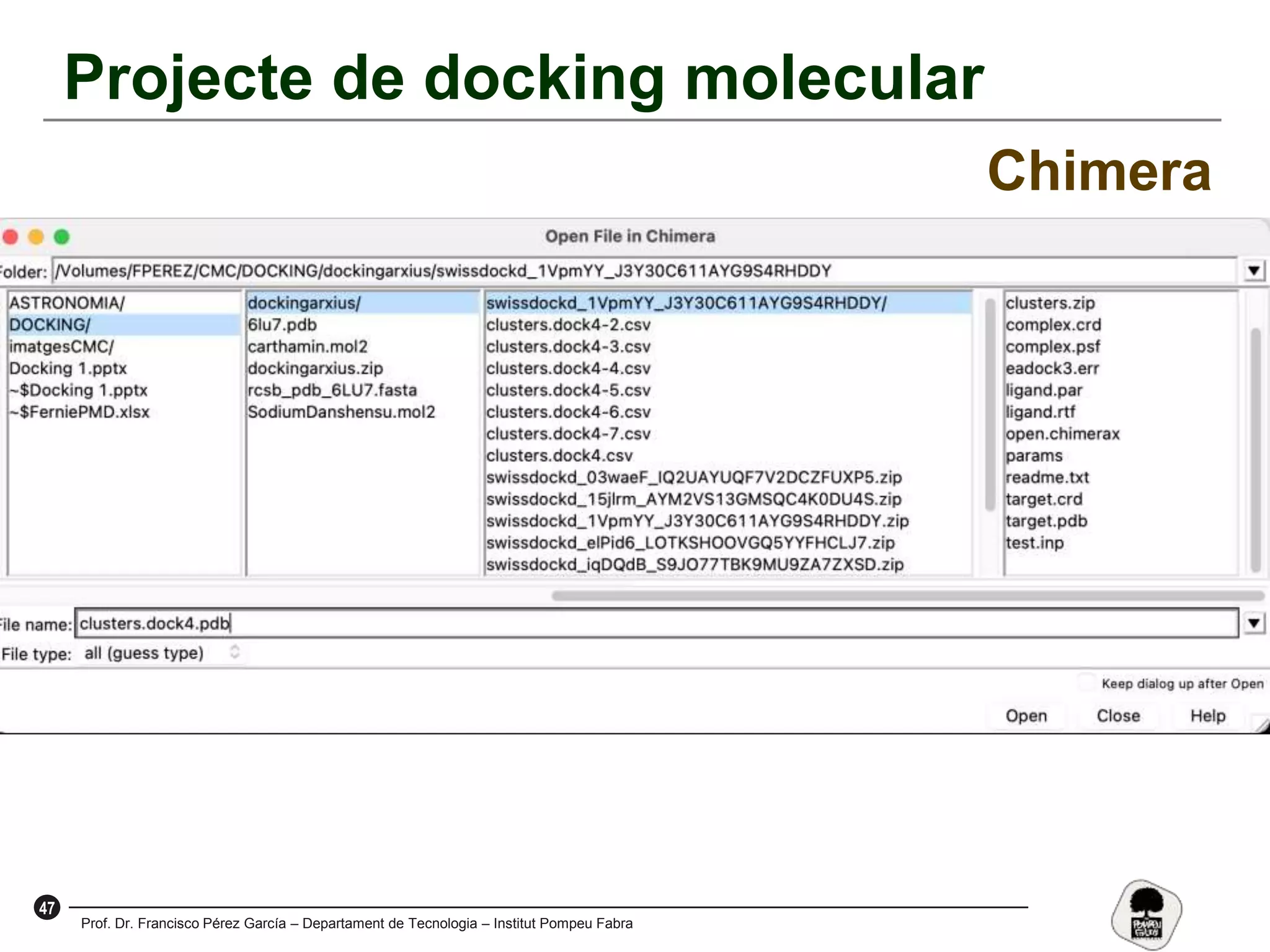 47
Prof. Dr. Francisco Pérez García – Departament de Tecnologia – Institut Pompeu Fabra
Projecte de docking molecular
Chimera
 