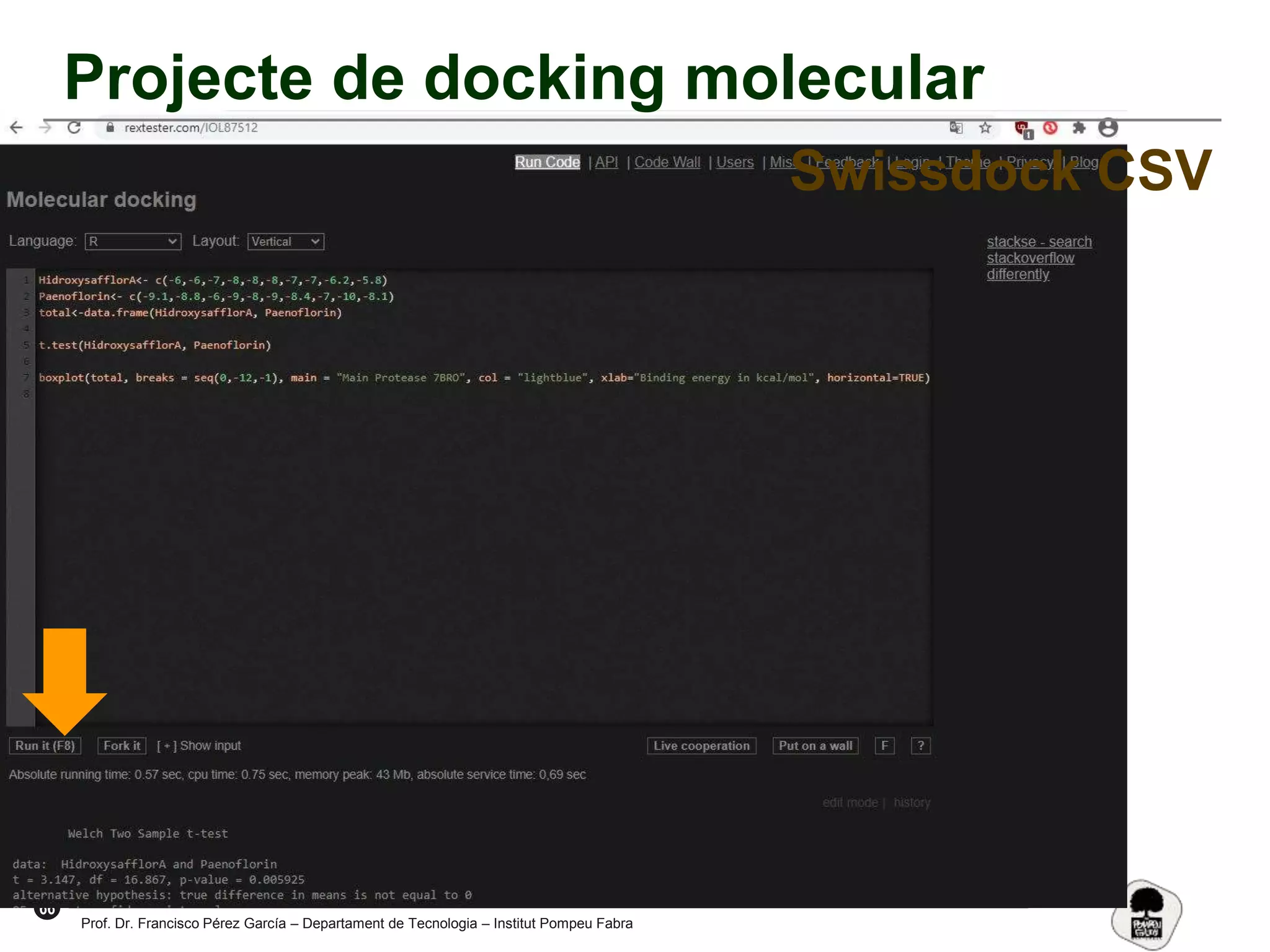 66
Prof. Dr. Francisco Pérez García – Departament de Tecnologia – Institut Pompeu Fabra
Projecte de docking molecular
Swissdock CSV
 