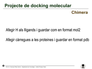 56
Prof. Dr. Francisco Pérez García – Departament de Tecnologia – Institut Pompeu Fabra
Projecte de docking molecular
Chimera
Afegir H als lligands i guardar com en format mol2
Afegir càrregues a les proteines i guardar en format pdb
 