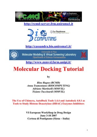 http://rcmd-server.frm.uniroma1.it




           http://cassandra.bio.uniroma1.it/



           http://www.mmvsl.farm.unipi.it/

 Molecular Docking Tutorial
                             by

                    Rino Ragno (RCMD)
            Anna Tramontano (BIOCOMPUTING)
                Adriano Martinelli (MMVSL)
               Tiziano Tuccinardi (MMVSL)


The Use of Chimera, AutoDock Tools 1.4.4 and Autodock 4.0.1 as
Tools to Study Histone Deacetylase (HDAC) Enzymes Inhibitors


           VI European WorkShop in Drug Design
                       June 3-10 2007
            Certosa di Pontignano (Siena – Italia)



                                                                 1
 