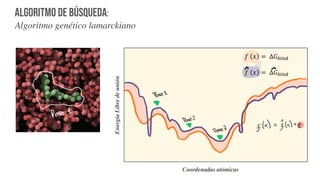 Algoritmo de búsqueda:
Algoritmo genético lamarckiano
" # = ∆&!"#$
" # = ∆&!"#$ + ε
Coordenadas atómicas
Energía
Libre
de
unión
1751
R+++RHG(,,
 