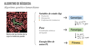 Algoritmo de búsqueda:
Algoritmo genético lamarckiano
Fenotipo
Pose
Coordenadas atómicas
del ligando
Energía libre de
union PL
Fitness
Variables de estado (lig)
• Traslación
• Orientación
• Conformación (rotámeros)
Genotipo
Dentro de los límites de la
caja la molécula puede:
ST >
)*4 U*G5*I)E4
V DES53E3 )*
F64E
W64E
S)*XHEY
Z
[
7G6
 