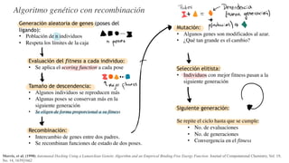Generación aleatoria de genes (poses del
ligando):
• Población de n individuos
• Respeta los límites de la caja
Evaluación del fitness a cada individuo:
• Se aplica el scoring function a cada pose
Tamaño de descendencia:
• Algunos individuos se reproducen más
• Algunas poses se conservan más en la
siguiente generación
• Se eligen de forma proporcional a su fitness
Recombinación:
• Intercambio de genes entre dos padres.
• Se recombinan funciones de estado de dos poses.
Mutación:
• Algunos genes son modificados al azar.
• ¿Qué tan grande es el cambio?
• Distribución de Cauchy
Selección elitista:
• Individuos con mejor fitness pasan a la
siguiente generación
Siguiente generación:
Se repite el ciclo hasta que se cumple:
• No. de evaluaciones
• No. de generaciones
• Convergencia en el fitness
Algoritmo genético con recombinación
Morris, et al. (1998) Automated Docking Using a Lamarckian Genetic Algorithm and an Empirical Binding Free Energy Function. Journal of Computational Chemistry, Vol. 19,
No. 14, 1639]1662
i*DGE4
jE11* k
XlE#mE4E3DE3*7"*
BHEU* lE3EG*"5Y3T
X1153H1*"56nTo 7pC
*GG*3"6 ,#:
>
2
F64E4
0
J6GD*3*
g7-
? _ mE 7 7
7H*
Z Z
Z
Z
[Z Z
? 1E *7
q
%
 