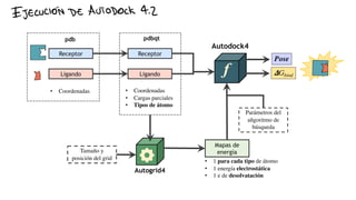 f
Ligando
Receptor
!Gbind
Autodock4
Autogrid4
• Coordenadas
• Cargas parciales
• Tipos de átomo
Receptor
Ligando
pdbqt
pdb
• Coordenadas
Pose
Mapas de
energía
• 1 para cada tipo de átomo
• 1 energía electrostática
• 1 e de desolvatación
Parámetros del
añgoritmo de
búsqueda
Tamaño y
posición del grid
QjQ]{]A|} mQ 0{&.m.]~ •7h
 