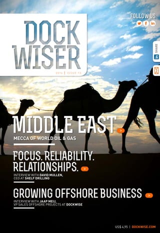 MECCA OF WORLD OIL & GAS
MIDDLEEAST
2 0 1 4 I I S S U E 1 3
GrowingOffshoreBusiness
Focus.Reliability.
Relationships.
INTERVIEW WITH DAVID MULLEN,
CEO AT SHELF DRILLING
INTERVIEW WITH JAAP MEIJ,
VP SALES OFFSHORE PROJECTS AT DOCKWISE
FOLLOW US
US$ 4,95 | DOCKWISE.COM
 