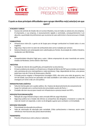 E quais as duas principais dificuldades que o grupo identifica no(s) setor(es) em que
opera?
ATACADO E VAREJO
• Excesso de controle do Estado não só na área tributária, mas em todos os setores de uma empresa.
O empresário, e sua empresa, é excessivamente vigiado e controlado, consequentemente é um
absurdo a quantidade de profissionais que se precisa ter para administrar a burocracia que o Estado
gera.
COMBUSTÍVEIS
• Infraestrutura viária (Ex. a gente sai de Suape para entregar combustível no Estado todo e é uma
tragédia)
• Segurança. Hoje se tem no setor de combustíveis dois carros roubados por semana
• Sistema tributário com antecipação (com substituição pra frente). Acumulação de crédito tributário,
recebendo com 90/120 dias.
ENERGIA
• Competitividade tributária frágil para o setor. Líderes empresariais do setor investindo em outros
estados do Nordeste, Centro-Oeste e São Paulo.
INDÚSTRIA
• Formação de mão de obra qualificada, principalmente na área técnica.
• O maior problema do estado é a infraestrutura. (Citação da fábrica da FIAT que se instalou em Goiana
sob a promessa do arco metropolitano e nada aconteceu). Hoje, dependendo da hora, uma pessoa
pode levar mais de 2 horas de Goiana para o Recife).
• O Estado precisa resgatar o Planejamento Estratégico 2035, não como uma visão de governo, mas
sim de Estado, que precisa ser pactuado com toda sociedade e com todos os partidos. Só assim se
enxergará um norte e não um ciclo político.
INFRAESTRUTURA LOGÍSTICA
• Falta de interlocução com o poder público. (Ex. O plano de desenvolvimento do zoneamento de
Suape foi realizado sem o conhecimento da comunidade usuária do Porto. )
• O estado não tem recurso para investir em infraestrutura e precisa investir em PPP’s.
SERVIÇOS/TELECOMUNICAÇÕES
• Redução de carga tributária (hoje o setor arrecada 30% de carga tributária).
• Segurança pública (se o Estado não oferece as companhias são obrigadas a incorporar o custo). Ao
invés de investir em expansão, o setor se vê obrigado a gastar para combater a criminalidade.
SERVIÇOS/ EDUCAÇÃO
• Precariedade da educação do professor.
• Falta de valorização da educação pela sociedade. (Falta conhecimento e interesse, assim como
referências internacionais dos países desenvolvidos)
TRANSPORTES
• Precária infraestrutura viária urbana e rodoviária.
 