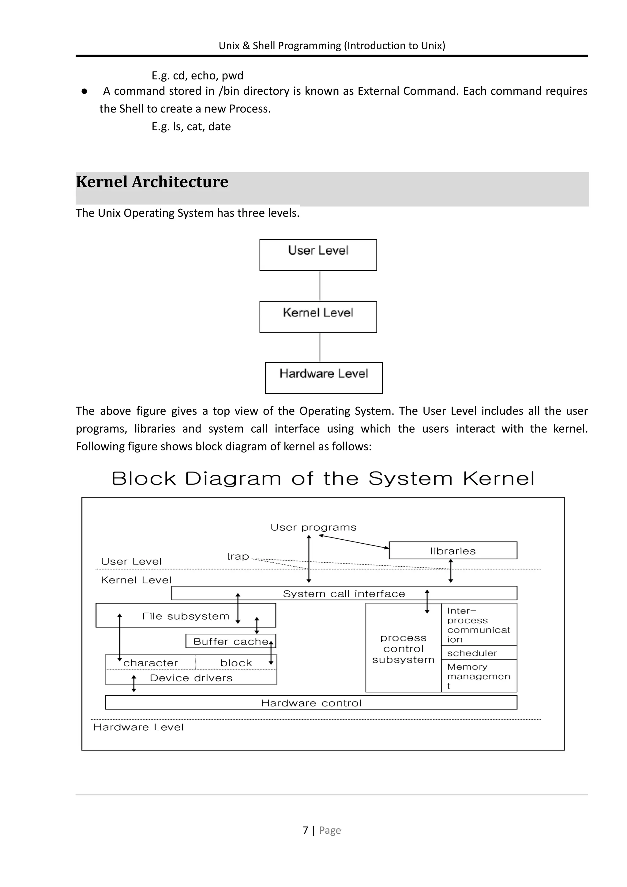 Unix & Shell Programming (Introduction to Unix) E.g. cd, echo, pwd ● A command stored in /bin directory is known as External Command. Each command requires the Shell to create a new Process. E.g. ls, cat, date Kernel Architecture The Unix Operating System has three levels. The above figure gives a top view of the Operating System. The User Level includes all the user programs, libraries and system call interface using which the users interact with the kernel. Following figure shows block diagram of kernel as follows: 7 | Page 