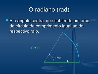 C
O radiano (rad)O radiano (rad)
 É o ângulo central que subtende um arcoÉ o ângulo central que subtende um arco
de círculo de comprimento igual ao dode círculo de comprimento igual ao do
respectivo raio.respectivo raio.
R
1 rad
C = R
 