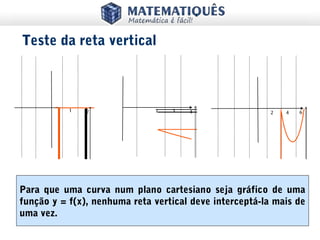 Para que uma curva num plano cartesiano seja gráfico de uma
função y = f(x), nenhuma reta vertical deve interceptá-la mais de
uma vez.
Teste da reta vertical
 