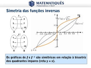 Os gráficos de f e f –1
são simétricos em relação à bissetriz
dos quadrantes ímpares (reta y = x).
Simetria das funções inversas
1.
3.
7.
. 3
. 7
. 15
f
1.
3.
7.
. 3
. 7
. 15
f -1
A B
A B
 