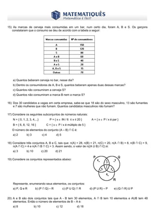www.matematiques.com.br
15) As marcas de cerveja mais consumidas em um bar, num certo dia, foram A, B e S. Os garçons
constataram que o consumo se deu de acordo com a tabela a seguir:
a) Quantos beberam cerveja no bar, nesse dia?
b) Dentre os consumidores de A, B e S, quantos beberam apenas duas dessas marcas?
c) Quantos não consumiram a cerveja S?
d) Quantos não consumiram a marca B nem a marca S?
16) Dos 30 candidatos a vagas em certa empresa, sabe-se que 18 são do sexo masculino, 13 são fumantes
e 7 são mulheres que não fumam. Quantos candidatos masculinos não fumam?
17) Considere os seguintes subconjuntos de números naturais:
N = { 0, 1, 2, 3, 4,...} P = { x ∈ IN / 6 ≤ x ≤ 20 } A = { x ∈ P / x é par }
B = { 6, 8, 12, 16 } C = { x ∈ P / x é múltiplo de 5 }
O número de elementos do conjunto (A – B) ∩ C é:
a) 2 b) 3 c) 4 d) 5
18) Considere três conjuntos A, B e C, tais que: n(A) = 28, n(B) = 21, n(C) = 20, n(A ∩ B) = 8, n(B ∩ C) = 9,
n(A ∩ C) = 4 e n(A ∩ B ∩ C) = 3. Assim sendo, o valor de n((A U B) ∩ C) é:
a) 3 b) 10 c) 20 d) 21
19) Considere os conjuntos representados abaixo:
Represente, enumerando seus elementos, os conjuntos:
a) P, Q e R b) (P ∩ Q) – R c) (P U Q) ∩ R d) (P U R) – P e) (Q ∩ R) U P
20) A e B são dois conjuntos tais que A - B tem 30 elementos, A ∩ B tem 10 elementos e AUB tem 48
elementos. Então o número de elementos de B – A é:
a) 8 b) 10 c) 12 d) 18
 