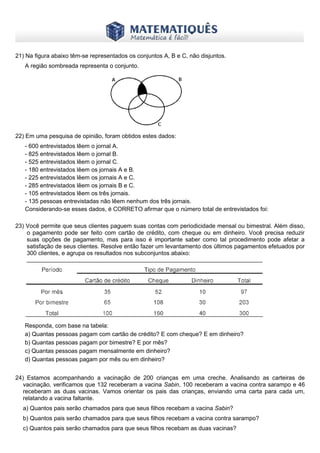 www.matematiques.com.br
21) Na figura abaixo têm-se representados os conjuntos A, B e C, não disjuntos.
A região sombreada representa o conjunto.
22) Em uma pesquisa de opinião, foram obtidos estes dados:
- 600 entrevistados lêem o jornal A.
- 825 entrevistados lêem o jornal B.
- 525 entrevistados lêem o jornal C.
- 180 entrevistados lêem os jornais A e B.
- 225 entrevistados lêem os jornais A e C.
- 285 entrevistados lêem os jornais B e C.
- 105 entrevistados lêem os três jornais.
- 135 pessoas entrevistadas não lêem nenhum dos três jornais.
Considerando-se esses dados, é CORRETO afirmar que o número total de entrevistados foi:
23) Você permite que seus clientes paguem suas contas com periodicidade mensal ou bimestral. Além disso,
o pagamento pode ser feito com cartão de crédito, com cheque ou em dinheiro. Você precisa reduzir
suas opções de pagamento, mas para isso é importante saber como tal procedimento pode afetar a
satisfação de seus clientes. Resolve então fazer um levantamento dos últimos pagamentos efetuados por
300 clientes, e agrupa os resultados nos subconjuntos abaixo:
Responda, com base na tabela:
a) Quantas pessoas pagam com cartão de crédito? E com cheque? E em dinheiro?
b) Quantas pessoas pagam por bimestre? E por mês?
c) Quantas pessoas pagam mensalmente em dinheiro?
d) Quantas pessoas pagam por mês ou em dinheiro?
24) Estamos acompanhando a vacinação de 200 crianças em uma creche. Analisando as carteiras de
vacinação, verificamos que 132 receberam a vacina Sabin, 100 receberam a vacina contra sarampo e 46
receberam as duas vacinas. Vamos orientar os pais das crianças, enviando uma carta para cada um,
relatando a vacina faltante.
a) Quantos pais serão chamados para que seus filhos recebam a vacina Sabin?
b) Quantos pais serão chamados para que seus filhos recebam a vacina contra sarampo?
c) Quantos pais serão chamados para que seus filhos recebam as duas vacinas?
 