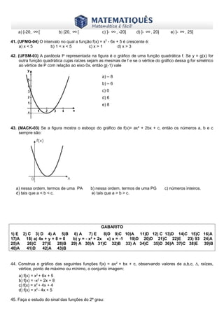 a) [-20,

∞[

b) [20,

∞[

c) ]-

∞ , -20]

d) ]-

∞ , 20]

www.matematiques.com.br

e) ]-

∞ , 25]

41. (UFMG-04) O intervalo no qual a função f(x) = x2 - 6x + 5 é crescente é:
a) x < 5
b) 1 < x < 5
c) x > 1
d) x > 3
42. (UFSM-03) A parábola P representada na figura é o gráfico de uma função quadrática f. Se y = g(x) for
outra função quadrática cujas raízes sejam as mesmas de f e se o vértice do gráfico dessa g for simétrico
ao vértice de P com relação ao eixo 0x, então g(-1) vale
a) – 8
b) – 6
c) 0
d) 6
e) 8

43. (MACK-03) Se a figura mostra o esboço do gráfico de f(x)= ax² + 2bx + c, então os números a, b e c
sempre são:

a) nessa ordem, termos de uma PA
d) tais que a < b < c.

b) nessa ordem, termos de uma PG
e) tais que a > b > c.

c) números inteiros.

GABARITO
1) E 2) C 3) D 4) A 5)B 6) A
7) E
8)D 9)C 10)A 11)D 12) C 13)D 14)C 15)C 16)A
17)A
18) a) 4x + y + 8 = 0
b) y = - x² + 2x c) x = -1
19)D 20)D 21)C 22)E
23) 93 24)A
25)A
26)C 27)E 28)B 29) A 30)A 31)C 32)B 33) A 34)C 35)D 36)A 37)C 38)E
39)B
40)A
41)D
42)A 43)B

44. Construa o gráfico das seguintes funções f(x) = ax 2 + bx + c, observando valores de a,b,c, ∆, raízes,
vértice, ponto de máximo ou mínimo, o conjunto imagem:
a) f(x) = x2 + 6x + 5
b) f(x) = -x2 + 2x + 8
c) f(x) = x2 + 4x + 4
d) f(x) = x2 - 4x + 5
45. Faça o estudo do sinal das funções do 2º grau:

 