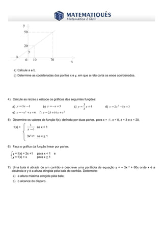 www.matematiques.com.br

y
50

20
y
x

10

0

70

x

a) Calcule a e b.
b) Determine as coordenadas dos pontos x e y, em que a reta corta os eixos coordenados.

4) Calcule as raízes e esboce os gráficos das seguintes funções:
a) y = 3 x −1
e) y = −x 2 + x + 6

b) y = −x + 5

c) y =

3
x+4
2

d) y = 2 x 2 − 5 x + 3

f) y = 25 +10 x + x 2

5) Determine os valores da função f(x), definida por duas partes, para x = -1, x = 0, x = 3 e x = 20.
f(x) =

1
se x < 1
x −1
3x2+1 se x > 1

6) Faça o gráfico da função linear por partes:
y = f(x) = 2x +1
y = f(x) = x

para x < 1
para x > 1

e

7) Uma bala é atirada de um canhão e descreve uma parábola de equação y = – 3x ² + 60x onde x é a
distância e y é a altura atingida pela bala do canhão. Determine:
a) a altura máxima atingida pela bala;
b) o alcance do disparo.

 