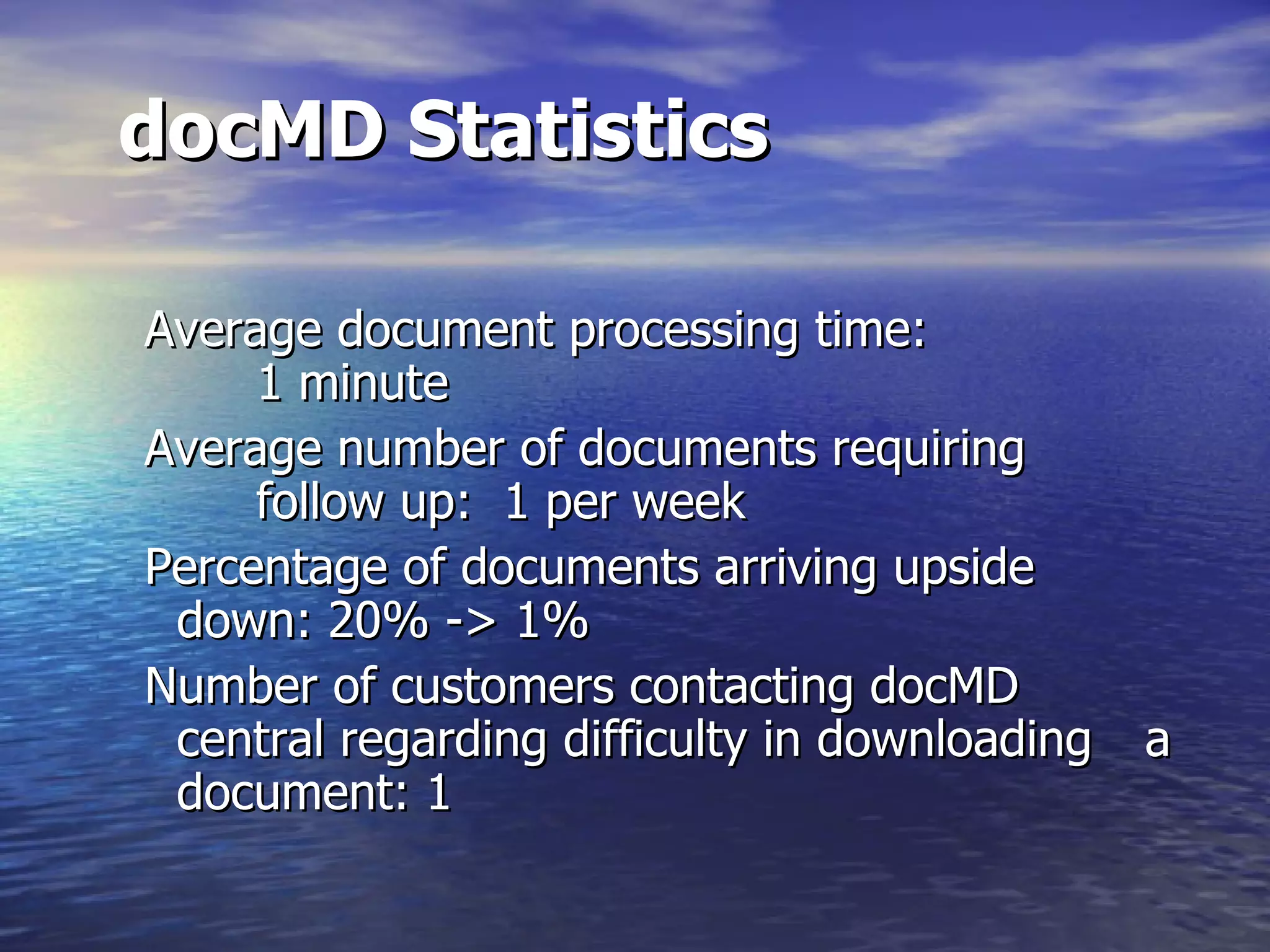 docMD Statistics     Average document processing time:  1 minute  Average number of documents requiring  follow up:  1 per week  Percentage of documents arriving upside  down: 20% -> 1% Number of customers contacting docMD  central regarding difficulty in downloading  a document: 1 