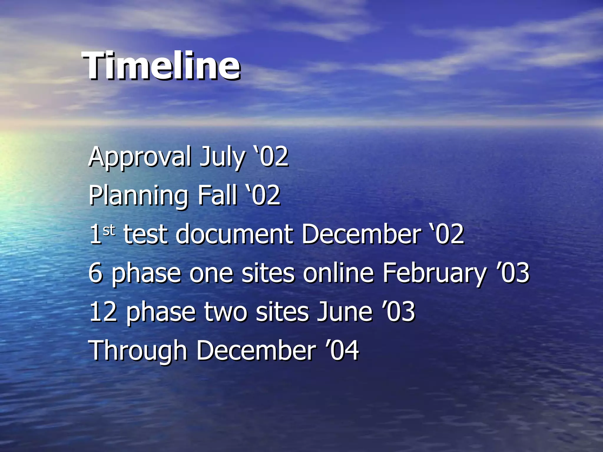 Timeline Approval July ‘02  Planning Fall ‘02 1 st  test document December ‘02 6 phase one sites online February ’03 12 phase two sites June ’03 Through December ’04 