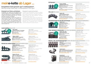 meine-kette ab Lager ...
Energieführen leicht gemacht: igus® e-kettensysteme®
Moving energy made easy: e-chainsystems® from igus®
Entwickelt zum Führen und Schützen

Energieketten und -systeme sind die Nabelschnur der
modernen Maschine. Sie reduzieren Ausfallzeiten und erhöhen die Lebensdauer von Leitungen und Schläuchen.
e-ketten® aus Kunststoff werden seit 1971 von igus®
entwickelt, produziert und getestet.
Die igus®-Produktpalette umfasst über 90.000 innovative Produkte ab Lager und ab „Losgröße Eins“.
Von der kleinsten Kette micro flizz® bis zur weltgrößten Polymer e-kette®. Unser gewachsenes Knowhow wird, auch in Zusammenarbeit mit unseren Kunden, ständig weiterentwickelt und fließt dann in die
Serienproduktion ein.

Designed to guide and protect

e-chains® and e-chainsystems® are like the umbilical
cords of modern machines. They reduce downtimes
and increase the service lives of cables and hoses.
Plastic e-chains® have been developed, produced
and tested by igus® since 1971.
The igus® product range includes over 90,000 innovative products from stock and from „batch size one“.
From the smallest micro flizz® chain to the world‘s biggest polymer e-chain®. Our know-how is continuously
advanced, also in collaboration with our customers,
and then introduced into serial production.

E2-Standard
System E2/000

easy chain®

Einfaches Einlegen von Leitungen
	 Von innen oder außen befüllbar
	Kostengünstig
	 Einteilige e-kette®
www.igus.de/easychain

zipper e-kette®

„Reißverschluss“-Energiekette
	 Für schnelle Montage
	 Blitzschnelles Öffnen und Schließen
	 Kleine und mittlere e-ketten® / e-rohre
www.igus.de/zipper

easy chain®

Easy to equip, economical
	 Quick to equip from inside or outside
	Cost-effective
	 One-piece e-chains®
www.igus.eu/easychain

zipper e-chain®

“zip fastener” energy chain
	 Quick assembly
	 Extremely fast opening and closing
	 Small and medium-sized e-chains® 	
	 and e-tubes
www.igus.eu/zipper

Kleinste bis mittlere Größen Small and medium sizes
System E2 micro

Energieketten für enge Bauräume
	Einteilig
	 Kleinste Größen, 5-15 mm Innenhöhen
	 Kleine Teilung, ruhiger Lauf
	 Geringes Gewicht
	 Kabelschonender Innenraum
www.igus.de/E2micro

System E2 mini

Kleine und mittlere Größen
	 Ein- und zweiteilige Energieketten
	 18-21 mm Innenhöhen
	 Kleine Teilung, ruhiger Lauf
	 Optimiertes Verhältnis von Gewicht/	
	Stabilität
	 Vielfältige Innenaufteilung
www.igus.de/E2mini

20

** ISO Klasse 2 für ISO class 2 for E4.32.10.063.0.CR, 1500.050.038.0, E14.3.038.0

System E2 micro

Energy chains® for cramped
installation spaces
	One-piece
	 Smallest sizes, 5-15 mm inner heights
	 Small pitch, silent operation
	Lightweight
	 Cable-friendly interior
www.igus.eu/E2micro

System E2 mini

Small and medium sizes
	 One- and two-piece energy chains®
	 18-21 mm inner heights
	 Small pitch, silent operation
	 Optimised weight/stability ratio
	 Versatile interior separation
www.igus.eu/E2mini

Two-piece energy chains®
	 Medium sizes, 21-45 mm inner heights
	 Snap-open along two sides
	 Fast assembly – with E2 chain opener
	 Many-sided modular interior
	separations
www.igus.eu/E2000

System RX

RX e-rohr RX e-tube
Extrem spänedichte Rohre
	 Im Außenradius zu öffnen
	 Glatte, gewölbte Außenkontur ver-	
	 hindert eine Ablagerung von Spänen
	 Keine Öffnungen, Spalte, Hinterschnitte
www.igus.de/de/RX

Extremely chip-proof tubes
	 Snap-open in the outer radius
	 A smooth, curved outer contour
	 prevents chips from sticking
	 No holes, cracks, undercuts
www.igus.eu/eu/RX

Standardbaukasten für fast alle Anwendungen Standard kit for nearly all applications
IPA
ISO
Class 2**

Leicht befüllbar Easy to fill
IPA
ISO
Class 2**

System E2/000

Zweiteilige Energieketten
	 Mittlere Größen, 21-45 mm Innenhöhen
	 Beidseitig aufklappbar
	 Blitzschnelle Montage – mit E2-Ketten	öffner
	 Vielseitige, modulare Innenaufteilung
www.igus.de/E2000

System RX

IPA
ISO
Class 2**

System E4.1

Universal-Energiekette
	 Innenhöhen von 21-350 mm
	 Beidseitig zu öffnen
	e-ketten® und e-rohre
	 Schnelle Montage
	 Kabelschonendes Design
www.igus.de/de/E4.1

System E4.1

Universal energy chain®
	 Inner heights 21-350 mm
	 Snap-open along two sides
	e-chains® and e-tubes
	 Quick assembly
	 Cable-friendly design
www.igus.eu/eu/E4.1

Leise, abriebarm, vibrationsfrei Low noise, low-abrasion, vibration-free
IPA
ISO
Class 1*

System E6 / E6.1

Extrem geräuscharm
	 Extrem leiser Lauf, 46 dB(A)
	Vibrationsarm
	 Hohe Geschwindigkeiten und
	Beschleunigungen
	 Reinraum geeignet
	 Beidseitig zu öffnen
www.igus.de/de/E6.1

System E6 / E6.1

Extremely low noise
	 Extremely quiet operation, 46 dB(A)
	Low-vibration
	 High velocities / accelerations
	 Suitable for cleanroom
	 Snap open along two sides
www.igus.eu/eu/E6.1

Robotic-, 3D- und Kreisbewegungen robots, 3D and circular movements
triflex® R

triflex® R

twisterchain®

twisterchain®

twisterband

twisterband

3D- e-kette® speziell für Roboter
Anwendungen
	 Drei Varianten: geschlossen, leicht
befüllbar oder Light-Version
www.igus.de/triflexR

Kreis- und spiralförmige Bewegungen
	 Für kreisförmige Bewegungen bis 540°
	 Modulares Design – variable Breiten
www.igus.de/twisterchain

Drehbewegungen bis 7000°
	 Kompakt, modular, kostengünstig
	 Auch auf engstem Raum realisierbar
	 Drehgeschwindigkeiten bis 360°/s
	 Bänder können beliebig gekürzt werden
	 Leicht befüllbar
www.igus.de/twisterband
* ISO Klasse 1 für ISO class 1 for E61.29.050.075.0, E6.29.060.150.0.CR

3D e-chain® especially for robotic
applications
	 Three options: enclosed, easily fillable or
as light version
www.igus.eu/triflexR

For circular or spiral movements
	 For circular movements up to 540°
	 Modular design – variable widths
www.igus.eu/twisterchain

Rotary movements up to 7000°
	 Compact, modular, cost-effective
	 Minimum installation space
	 Rotary sppeds up to 360°/s
	 Ribbons can be shorten easily
	 Easily fillable
www.igus.de/twisterband

21

 
